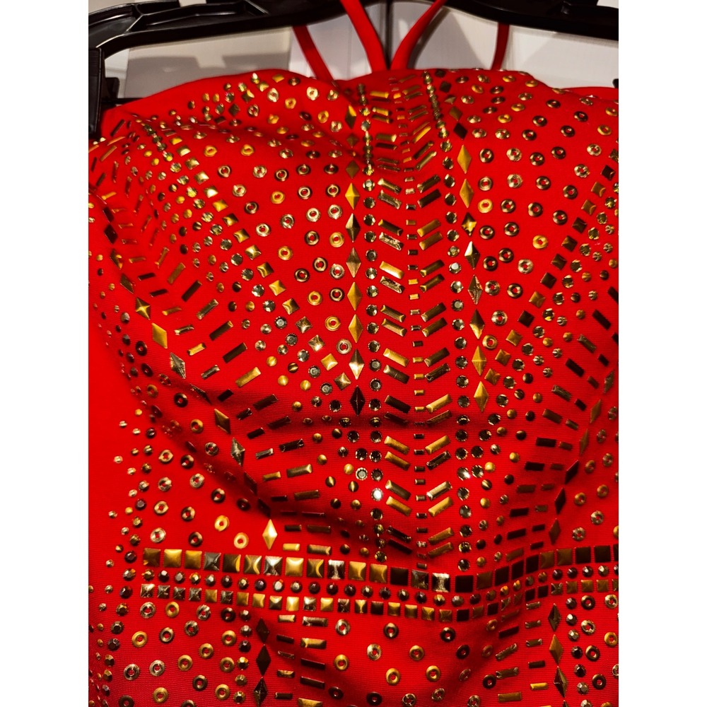 Cache Red Strapless Studded Embellished Bodycon Cocktail Dress Size 12 - Picture 7 of 8
